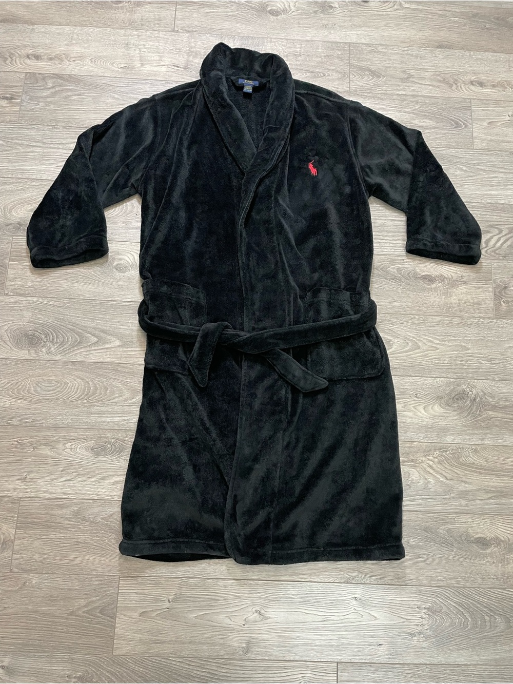 Ralph Lauren Black Plush Sleepwear Robe with red pony logo size S/M